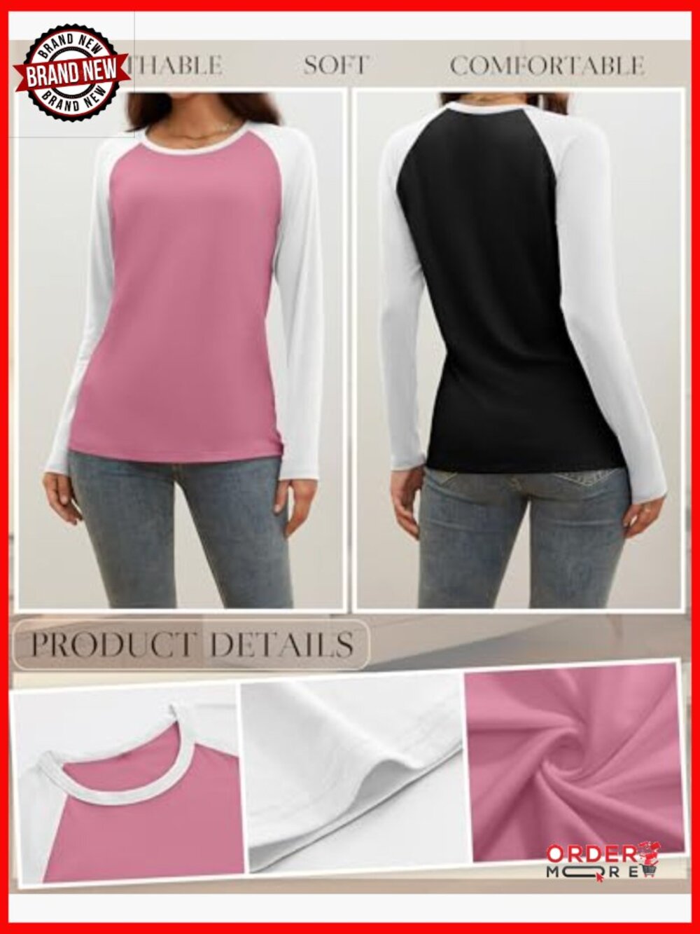 3 Pack Women's Long Sleeve Baseball Tees, Crew Neck Tunic Tops Loose Fit - Picture 6 of 7